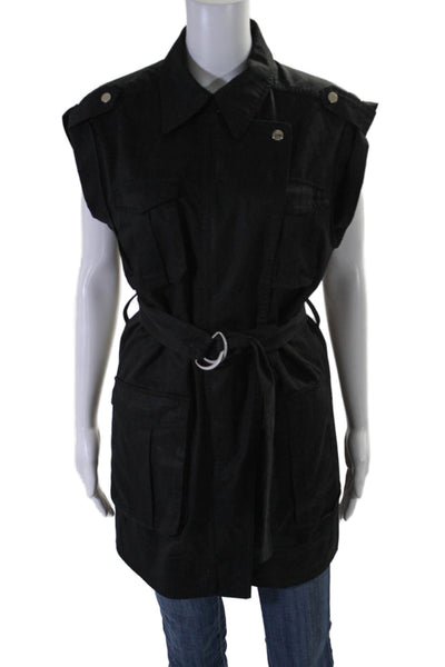 Elan Womens Front Zip Short Sleeve Belted Pocket Jacket Black Size Medium