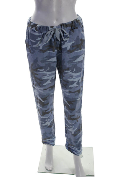 Designer Womens Elastic Waistband Cuff Bottom Camo Cargo Pants Blue Size M