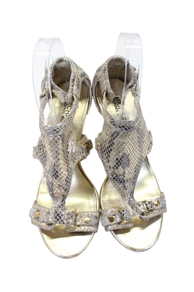 Michael Michael Kors Womens Metallic Snakeskin Printed Sandals Gold Leather 7M