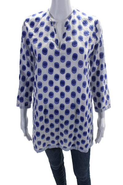 Roberta Roller Rabbit Womens Cotton Spotted Print V-Neck Tunic White Blue Size S