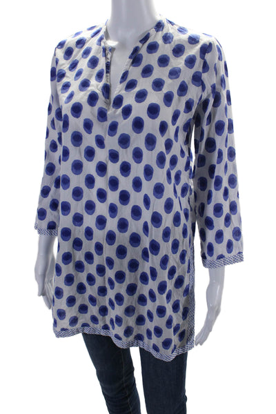 Roberta Roller Rabbit Womens Cotton Spotted Print V-Neck Tunic White Blue Size S