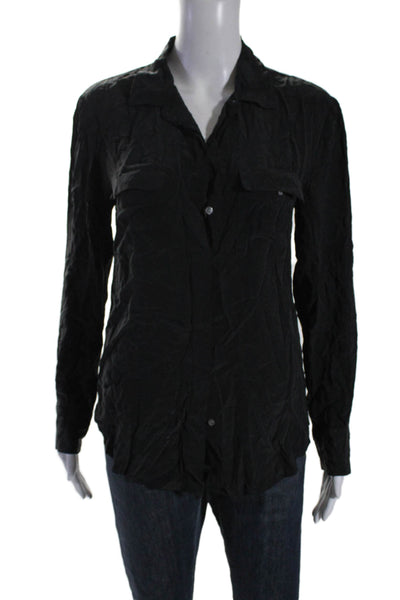 Broadway & Broome Womens Collared Silk Long Sleeves Button Up Shirt Black Size S