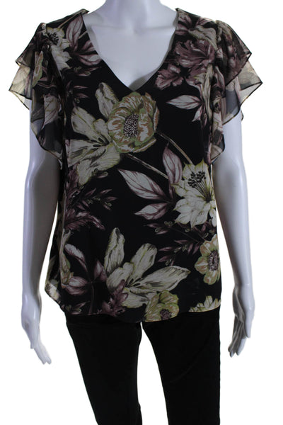 Drew Womens Short Sleeve V Neck Floral Top Black Brown Size Large