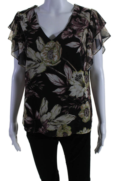 Drew Womens Short Sleeve V Neck Floral Top Black Brown Size Large