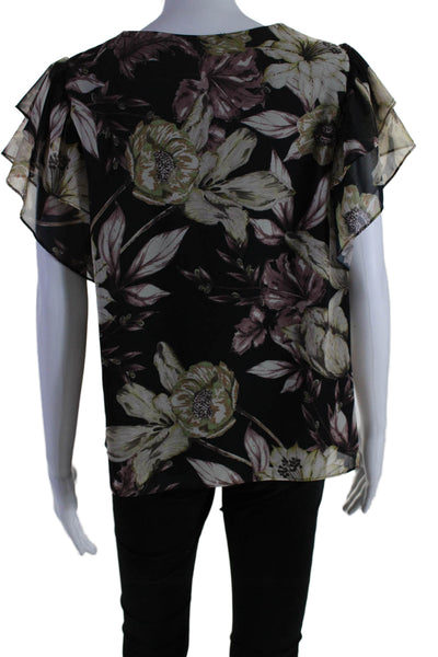Drew Womens Short Sleeve V Neck Floral Top Black Brown Size Large