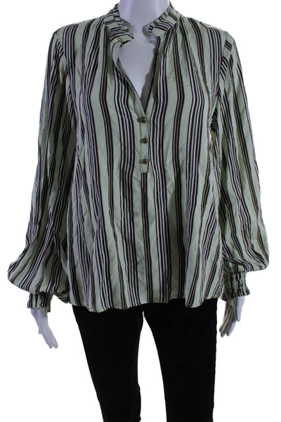 Maeve Anthropologie Womens Long Sleeve V Neck Striped Shirt Mint Brown Small