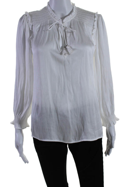 Paige Womens Long Sleeve Smocked Trim Keyhole Satin Shirt White Size Small