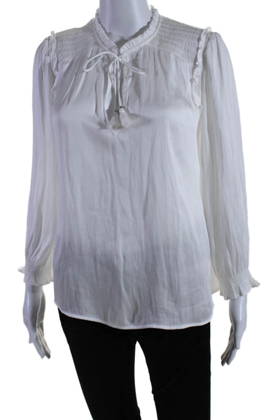 Paige Womens Long Sleeve Smocked Trim Keyhole Satin Shirt White Size Small