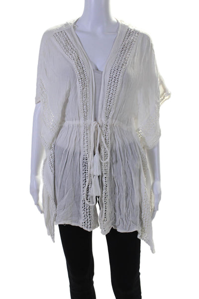 Elan Womens Open Knit Tie Closure Short Sleeves Kaftan Blouse White Size Small