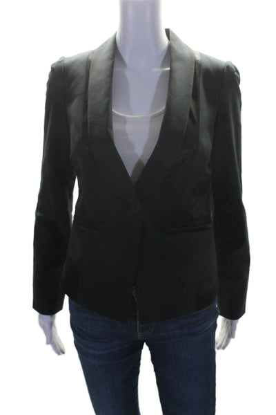Elevenses Anthropologie Womens Satin Texture Button Front V-neck Blazer Black Si