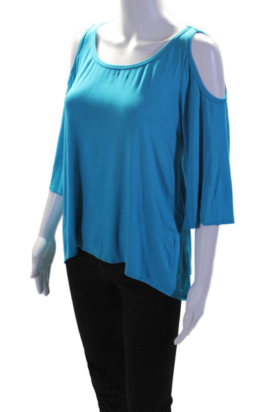Trina Turk Womens Jersey 3/4 Sleeve Cold Shoulder Draped Hem Blouse Blue Size S