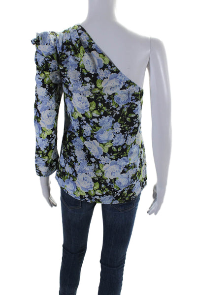 Les Reveries Womens Silk Black Floral One Shoulder Long Sleeve Blouse Top Size 0