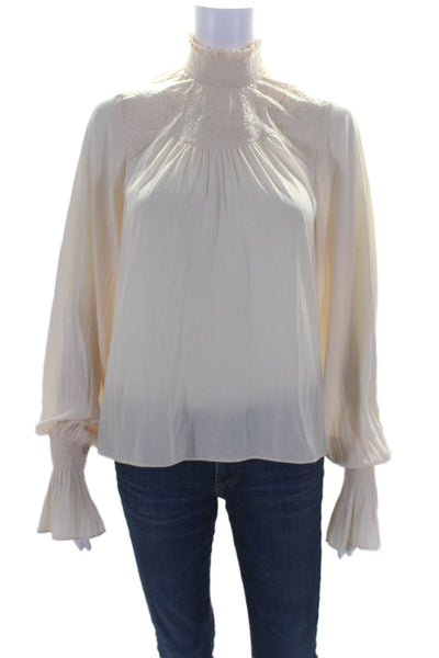 Ramy Brook Womens Long Sleeve Mock Neck Embroidered Top Cream White Size XS