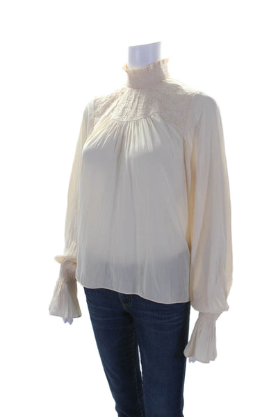 Ramy Brook Womens Long Sleeve Mock Neck Embroidered Top Cream White Size XS