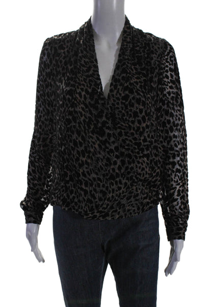 L Agence Womens Long Sleeve Velvet Leopard Print V Neck Top Gray Black Size XS