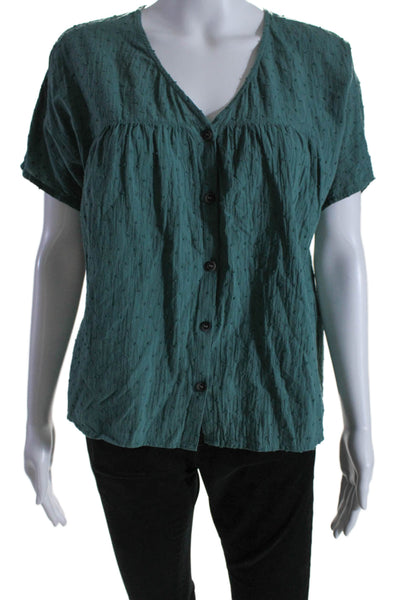 Madewell Womens Button Front Short Sleeve V Neck Shirt Green Cotton Size XS