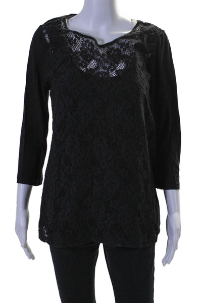 Three Dots Womens Cotton Long Sleeve Scoop Neck Lace Blouse Black Size XL