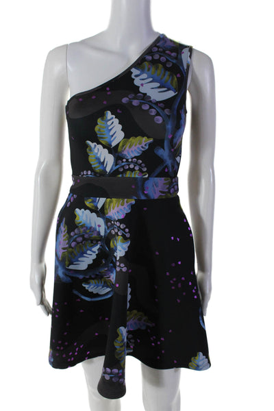 Cynthia Rowley Womens Side Zip Abstract Print One Shoulder Dress Black 0