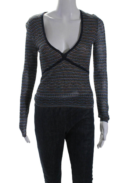 Intermix Womens Long Sleeve Striped V Neck Metallic Blouse Blue Size P
