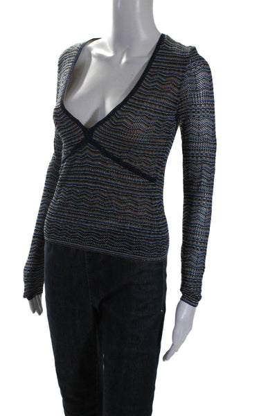 Intermix Womens Long Sleeve Striped V Neck Metallic Blouse Blue Size P
