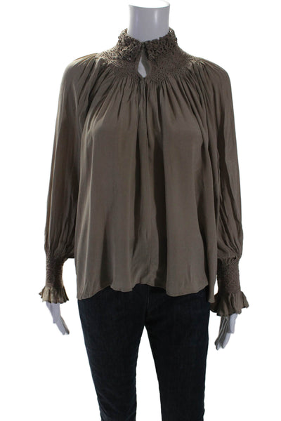 Love Sam Womens Brown Silk High Neck Long Sleeve Hi-Low Blouse Top Size XS