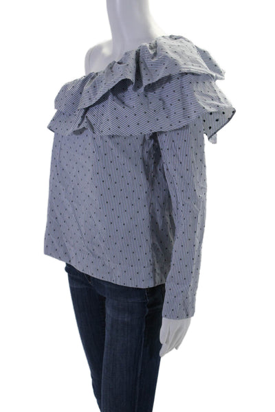 Maje Womens Ruffled One Shoulder Striped Blouse Blue Black Cotton Size 2