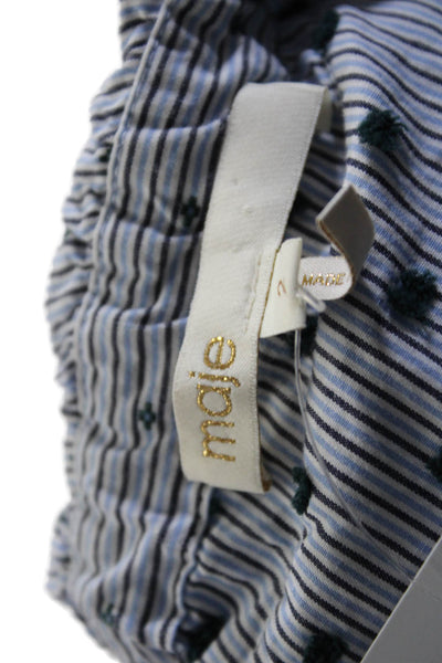 Maje Womens Ruffled One Shoulder Striped Blouse Blue Black Cotton Size 2