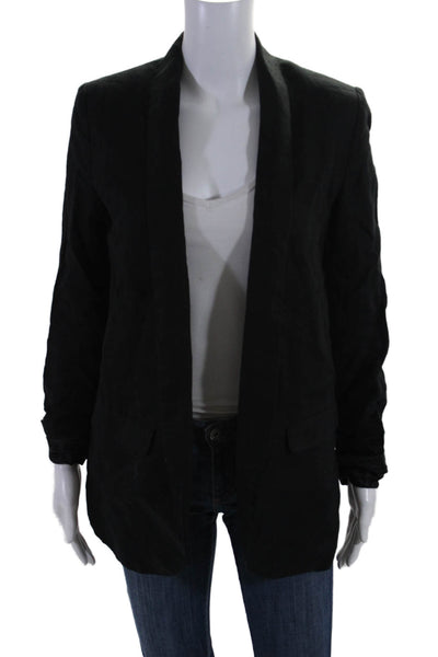 MNG Womens Long Sleeve Open Front Collared Linen Blazer Jacket Black Size XS