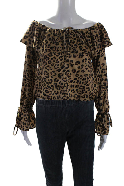 House of Harlow 1960 x Revolve Womens Ruffled Leopard Off Shoulder Top Brown XS