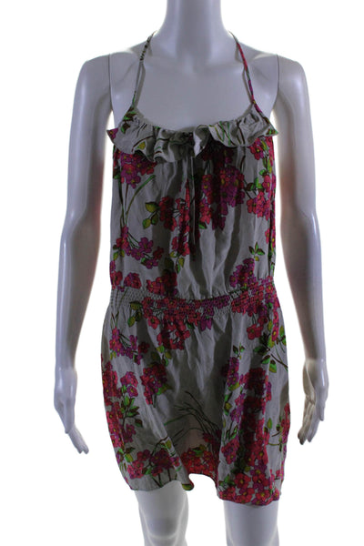 Parker Womens Silk Floral Print Elastic Waist Sleeveless Mini Dress Gray Size S
