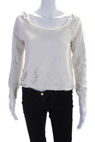 Pam & Gela Womens Cotton White Distress Scoop Neck Pullover Sweatshirt Size S