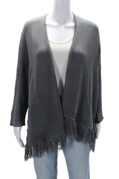 Wooden Ships Womens 3/4 Sleeve Open Knit Fringe Cardigan Sweater Gray Size XS