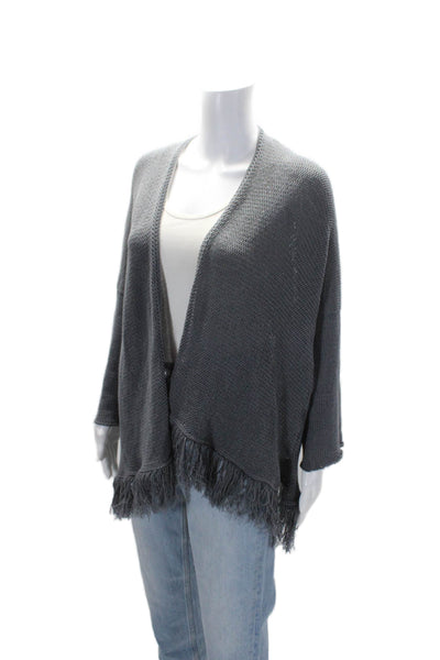 Wooden Ships Womens 3/4 Sleeve Open Knit Fringe Cardigan Sweater Gray Size XS