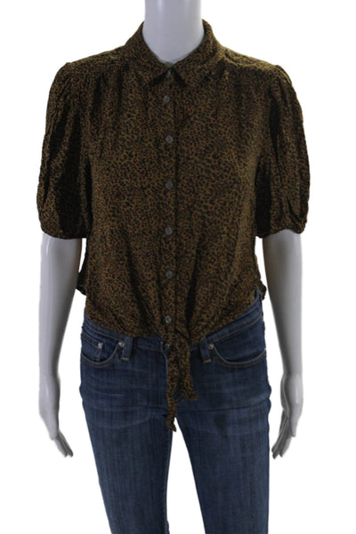 Free People Womens Animal Print Short Sleeved Front Tied Button Up Blouse Size S