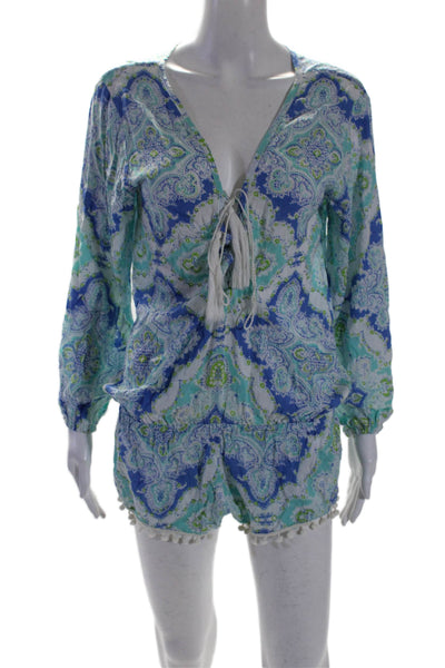 Tiare Hawaii Women's V-Neck Lace Up Long Sleeves Shorts Romper Multicolor Size S