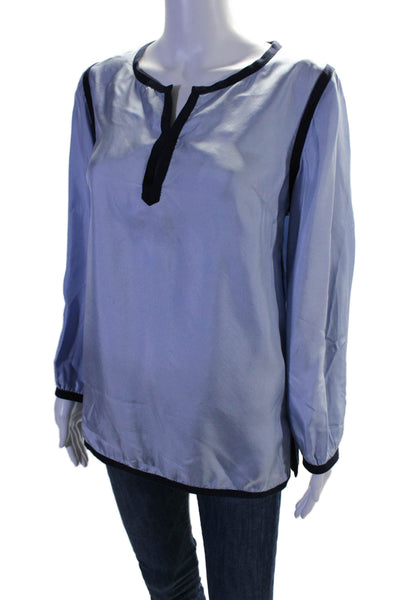 Elizabeth McKay Womens Silk Long Sleeve Contrast Trim V Neck Tunic Blue Size 6