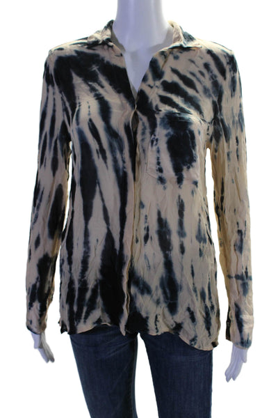 YFB Womens Beige Blue Tie Dye Collar Long Sleeve Button Down Shirt Size XS