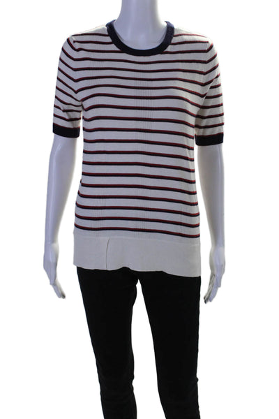 Equipment Femme Womens Cotton Striped Print Short Sleeve Ribbed Top White Size S