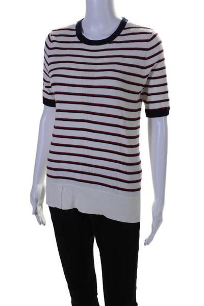 Equipment Femme Womens Cotton Striped Print Short Sleeve Ribbed Top White Size S