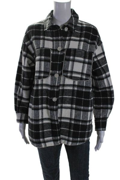 Zara Womens Black Plaid Crystal Detail Button Front Long Sleeve Jacket Size XS