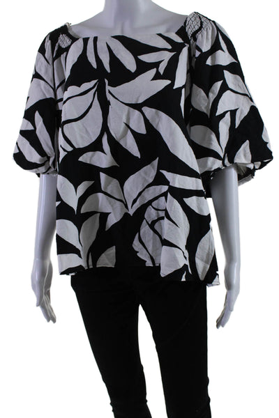 Vince Camuto Womens Floral Puff Sleeve Square Neck Blouse Black White Size XL