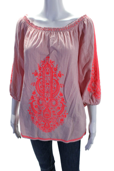 Christophe Sauvat Womens Cotton Floral Embroidered Beaded Hem Top Pink Size M
