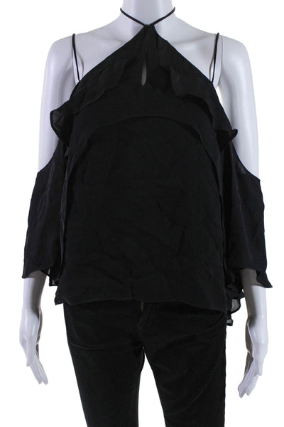 Emerson Thorpe Womens Cold Shoulder Ruffled Layered Zipped Blouse Black Size M