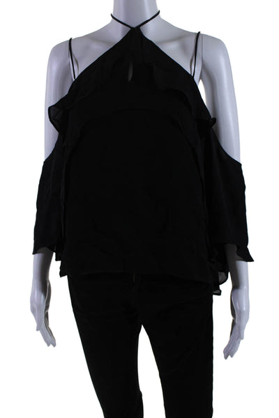 Emerson Thorpe Womens Cold Shoulder Ruffled Layered Zipped Blouse Black Size M