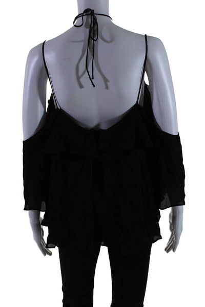 Emerson Thorpe Womens Cold Shoulder Ruffled Layered Zipped Blouse Black Size M