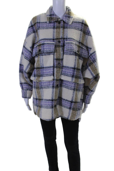 Zara Womens Button Front Collared Plaid Oversized Jacket White Purple Size XS/S