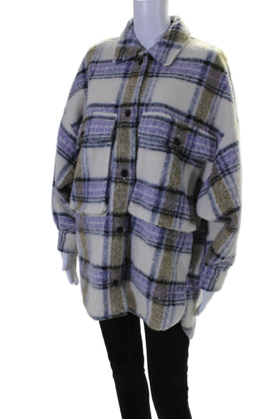Zara Womens Button Front Collared Plaid Oversized Jacket White Purple Size XS/S