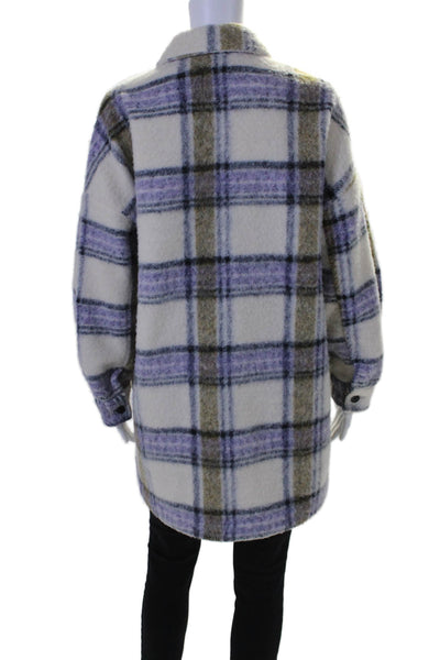 Zara Womens Button Front Collared Plaid Oversized Jacket White Purple Size XS/S