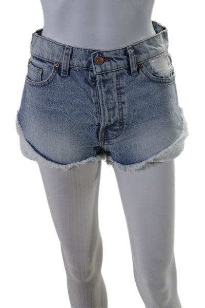 Revice Womens Blue Light Wash Distress Fly Button Mini Denim Shorts Size 25