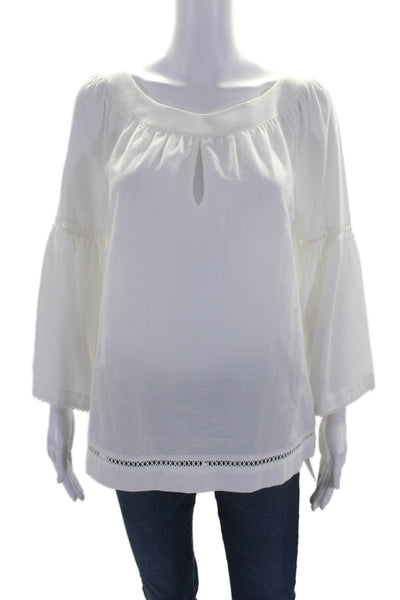 Trina Turk Womens Cotton Bell Sleeve Scoop Neck Keyhole Blouse White Size S